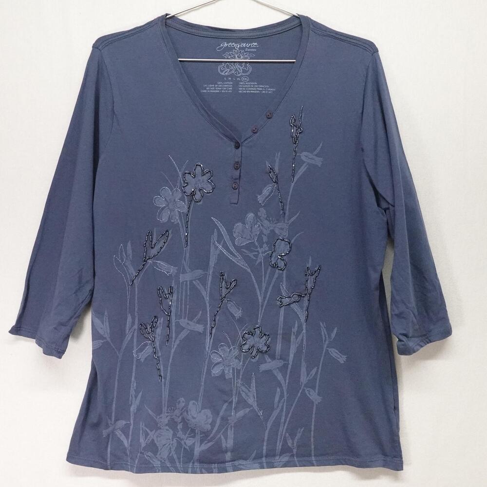 Greensource Shirt Womens Large Blue Floral Beaded Henley 3/4 Sleeve Tee